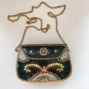 Antik Kraft Mosaic Inlay Hard Shell Metal Crossbody Clutch Purse Boho